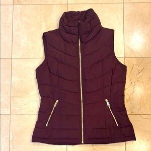 Burgundy Puffer Vest with Gold Zippers